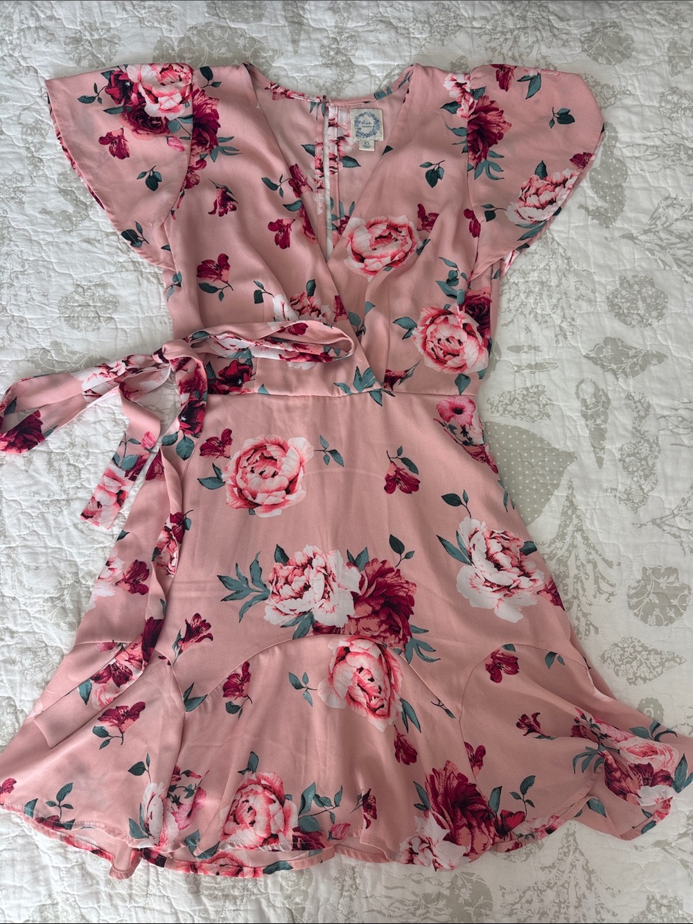 Blue Rain Pink Floral Wrap Dress with Teal Leaf Accents